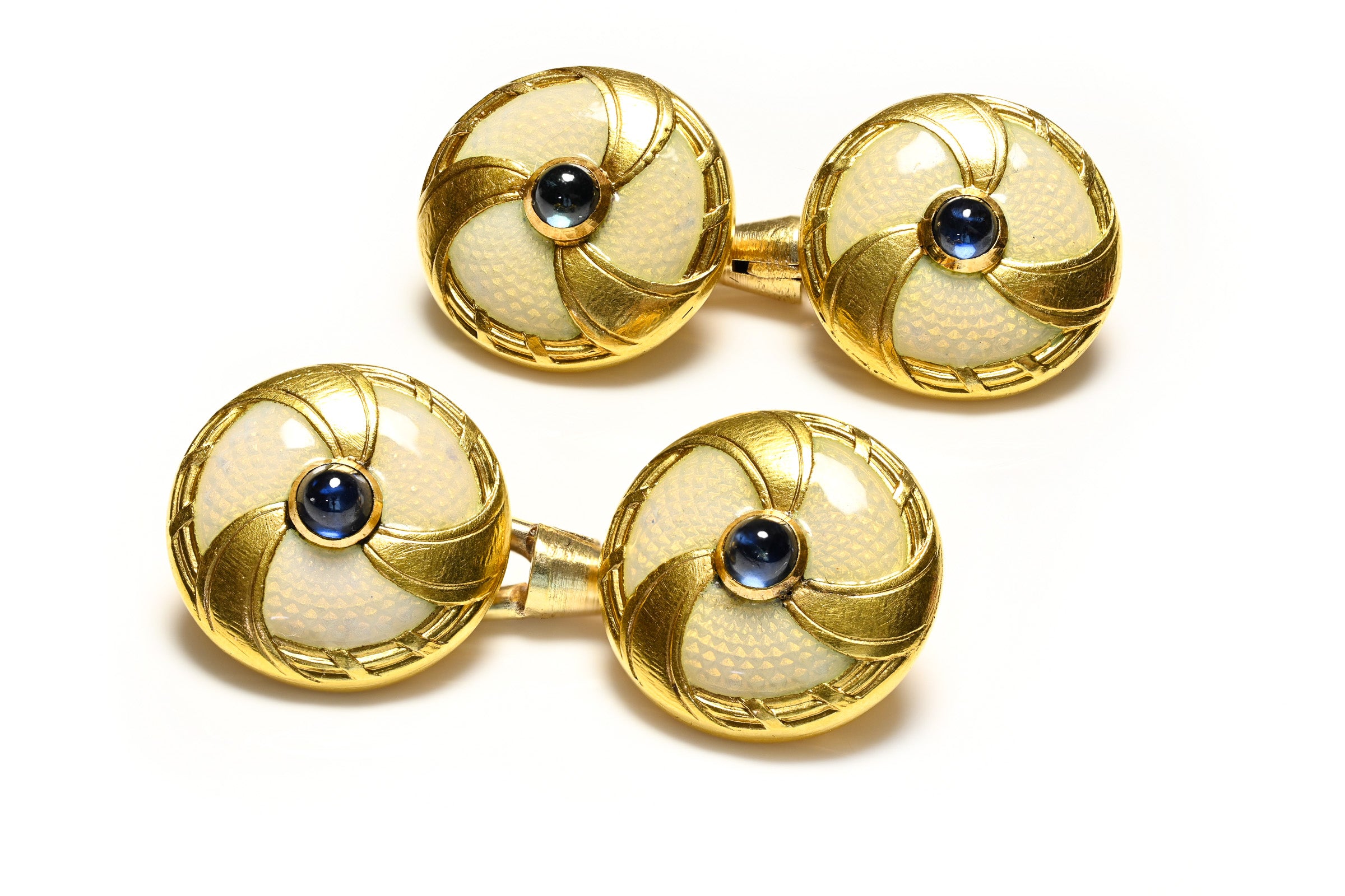 Exquisite Antique Gold Guilloché Enamel Cufflinks with Sapphires