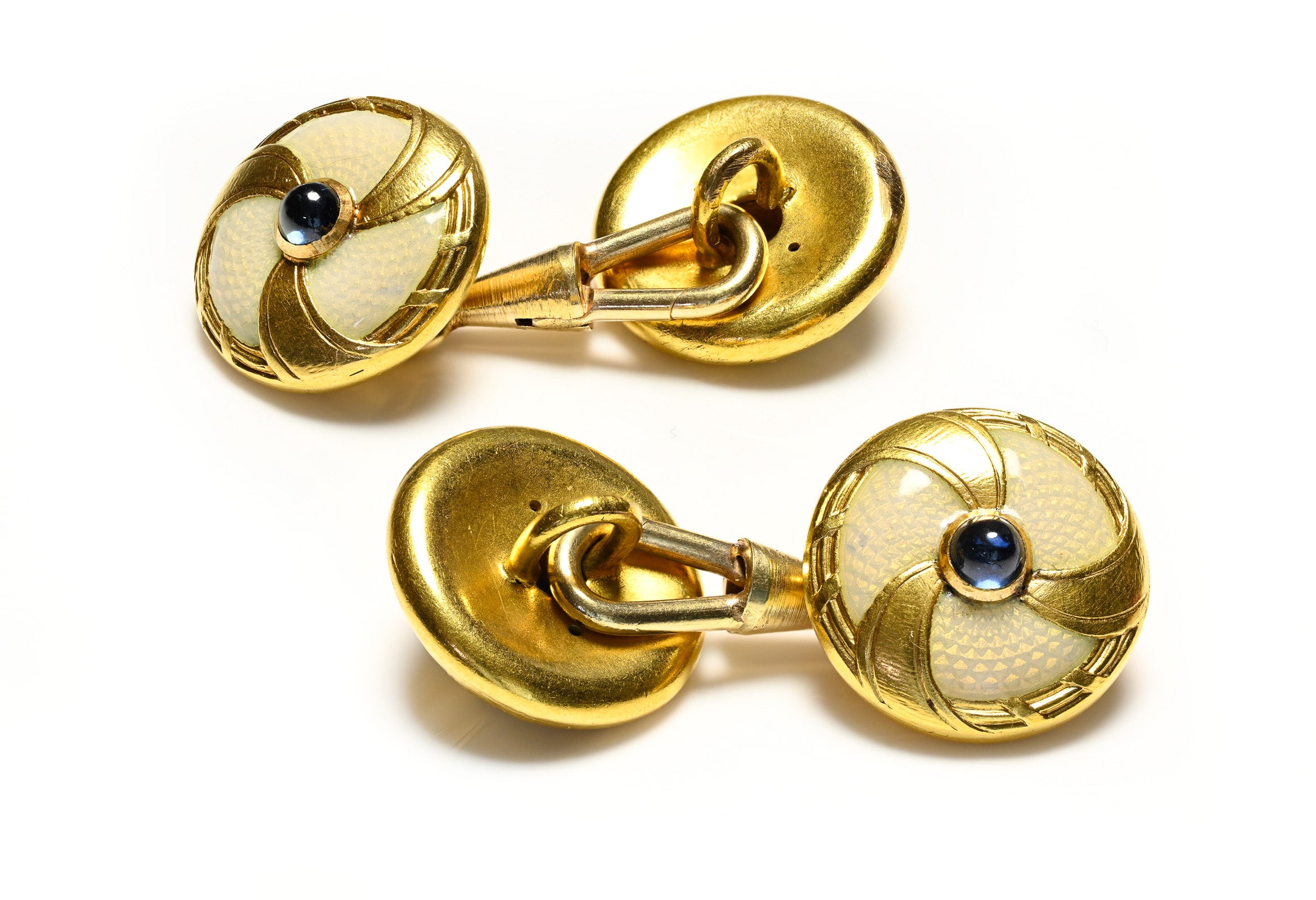 Exquisite Antique Gold Guilloché Enamel Cufflinks with Sapphires