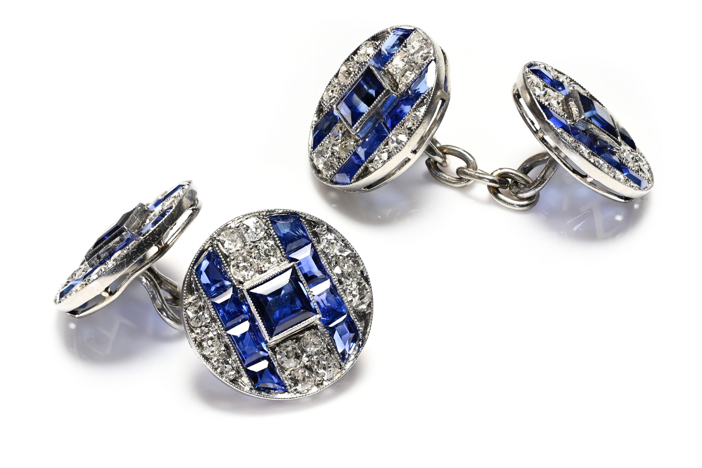 Exquisite French Art Deco Cufflinks in Platinum Sapphires and Diamonds