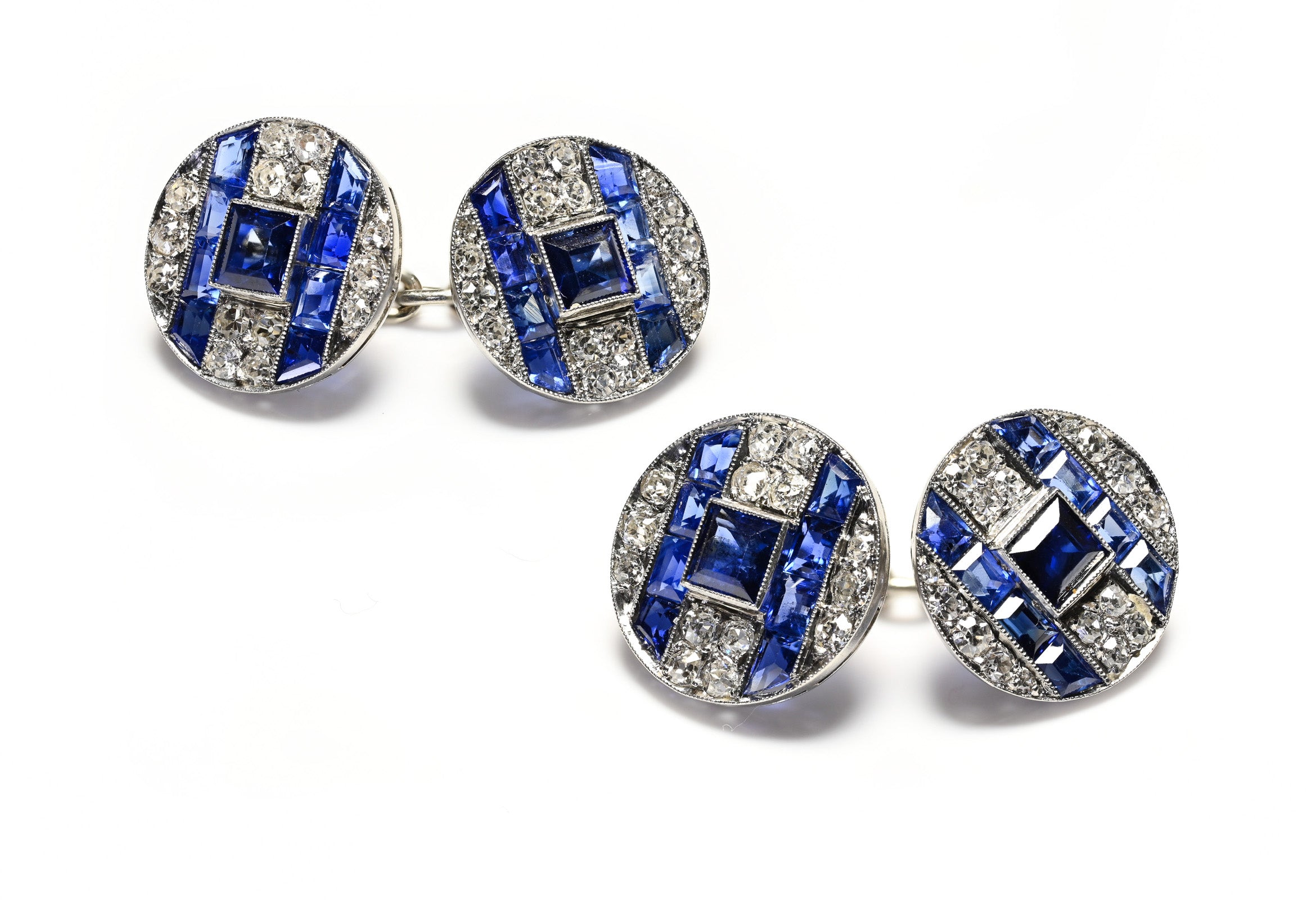 Exquisite French Art Deco Cufflinks in Platinum with Sapphire Diamonds