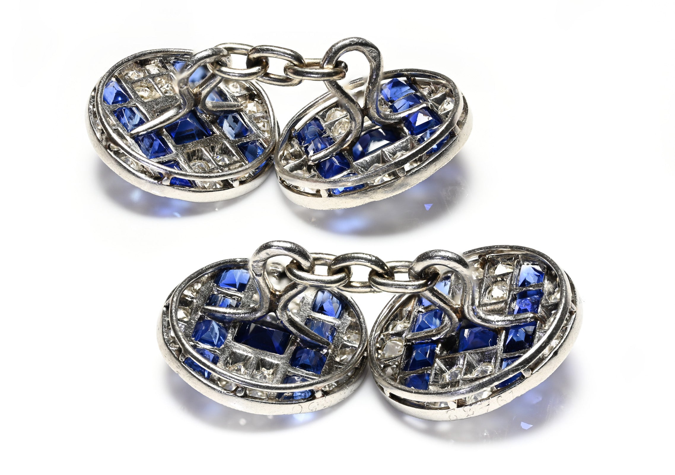 Exquisite French Art Deco Cufflinks in Platinum with Sapphires and Diamonds