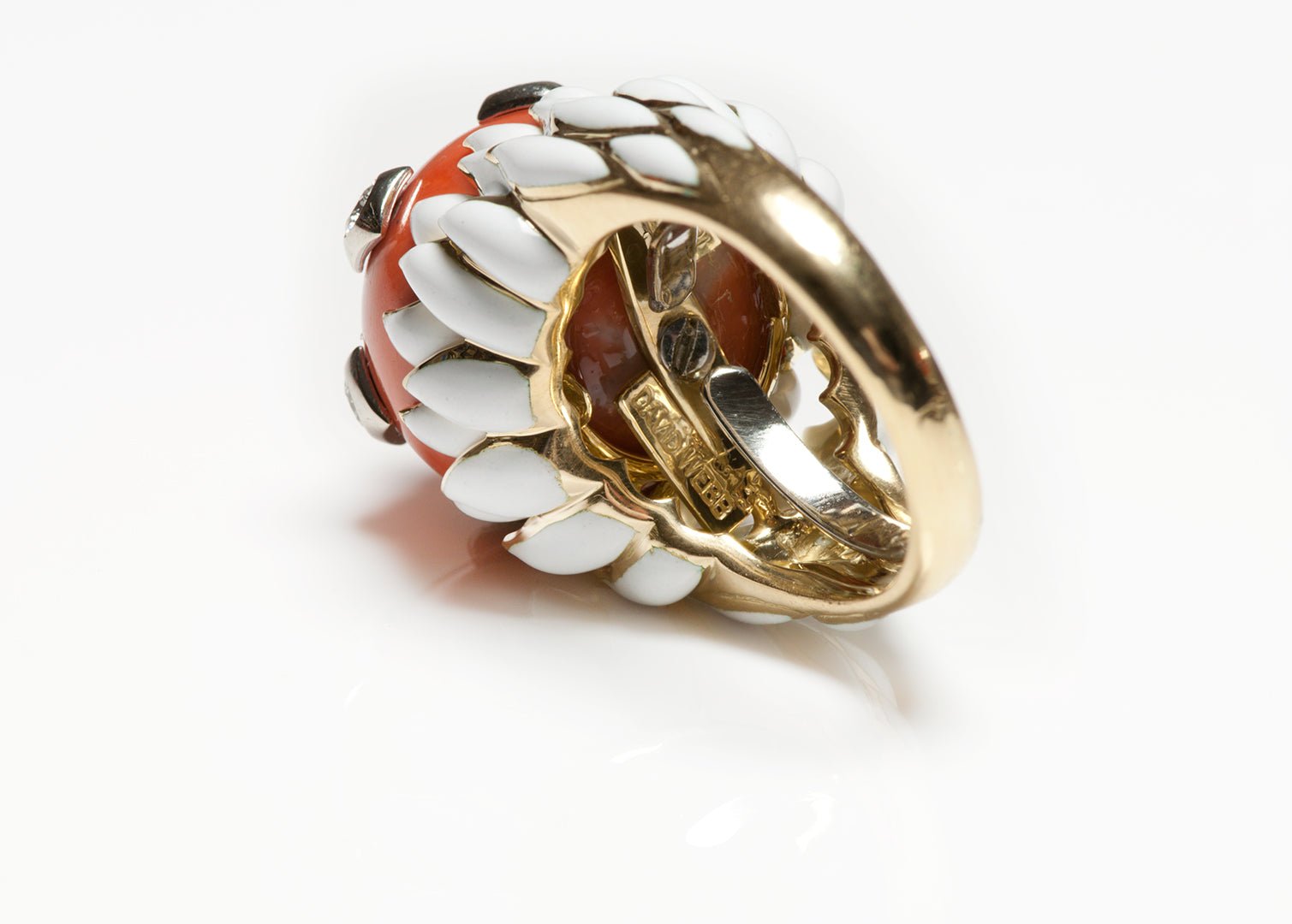 David Webb 18K Gold Coral Diamond & Enamel Ring