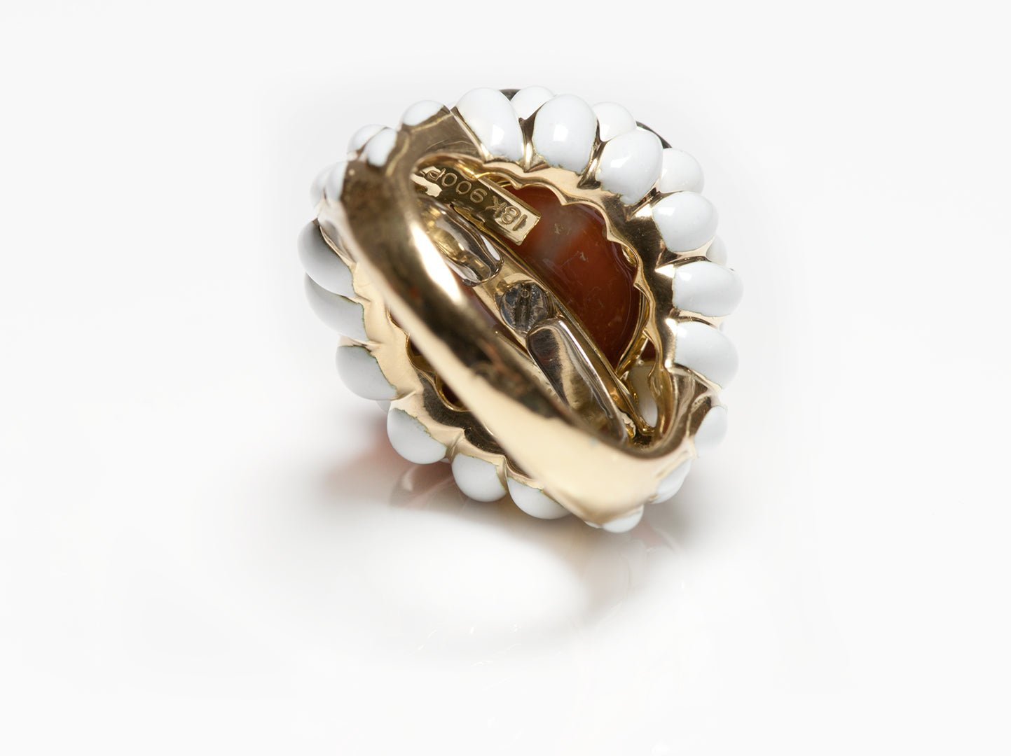 David Webb 18K Gold Coral Diamond & Enamel Ring