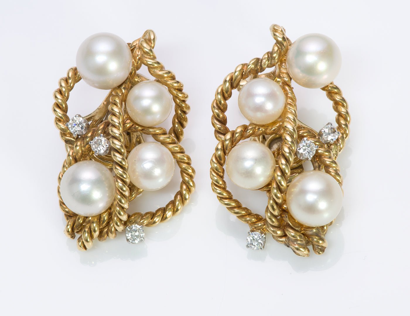 David Webb 18K Gold Rope Pearl Diamond Earrings - DSF Antique Jewelry