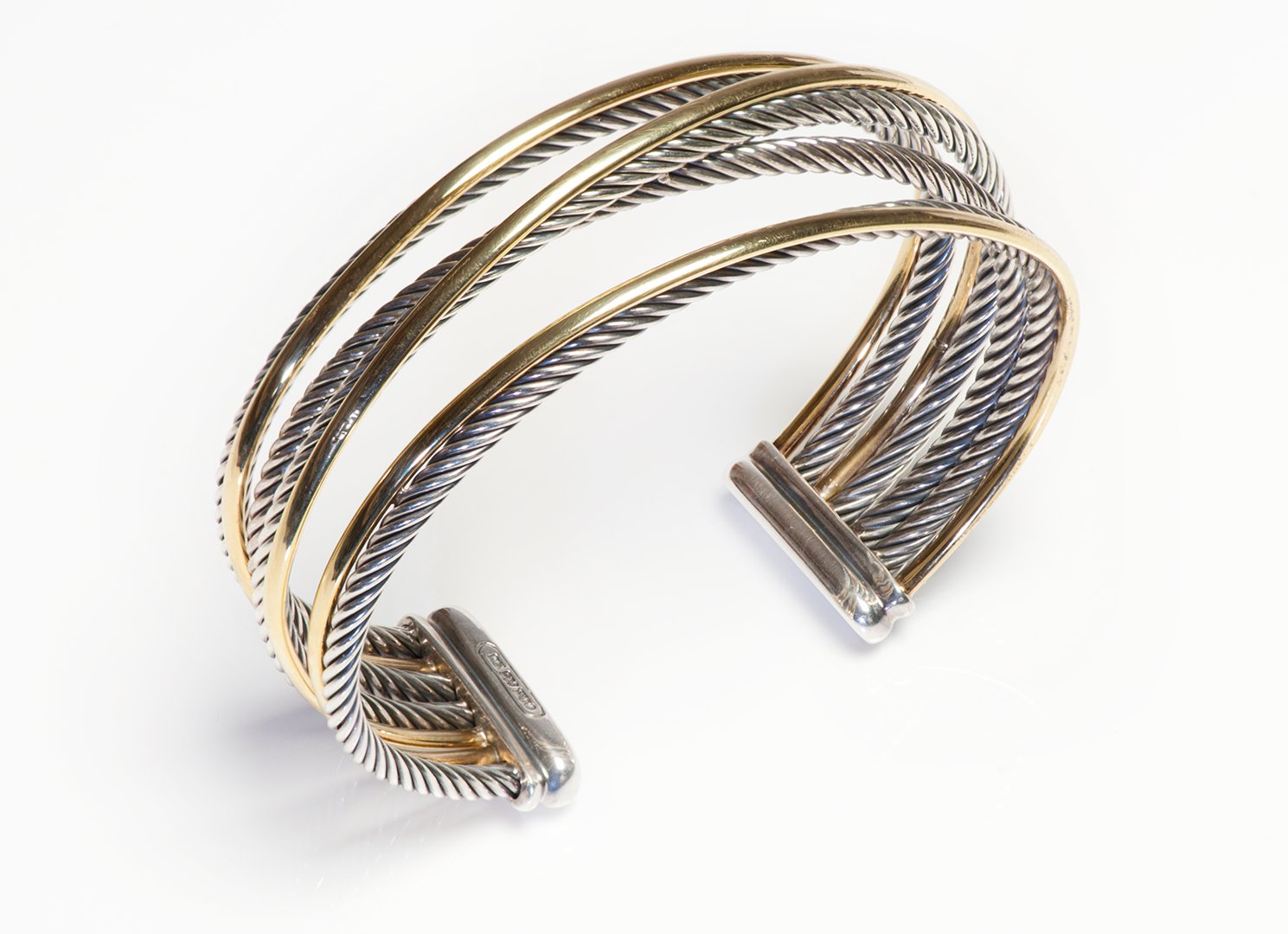 David Yurman 18K Gold Silver Four Row Crossover Cuff Bracelet