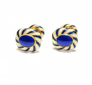 David Webb 18K Gold Blue White Enamel Cufflinks