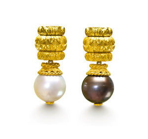 David Webb 18K Yellow Gold Earrings with Black & White Pearls