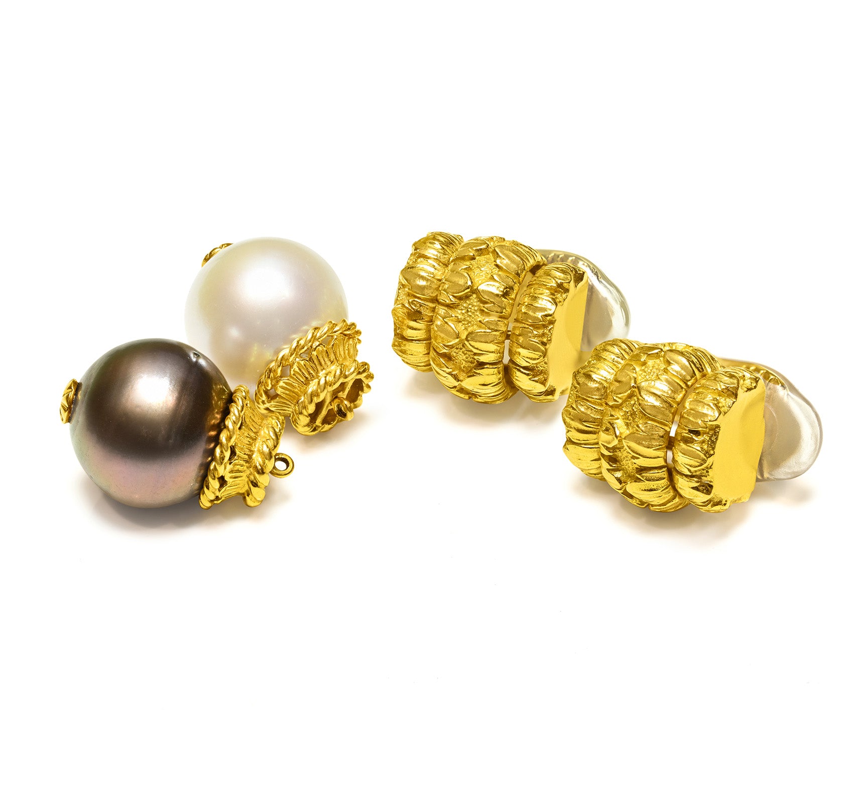David Webb 18K Yellow Gold Earrings with Black & White Pearls