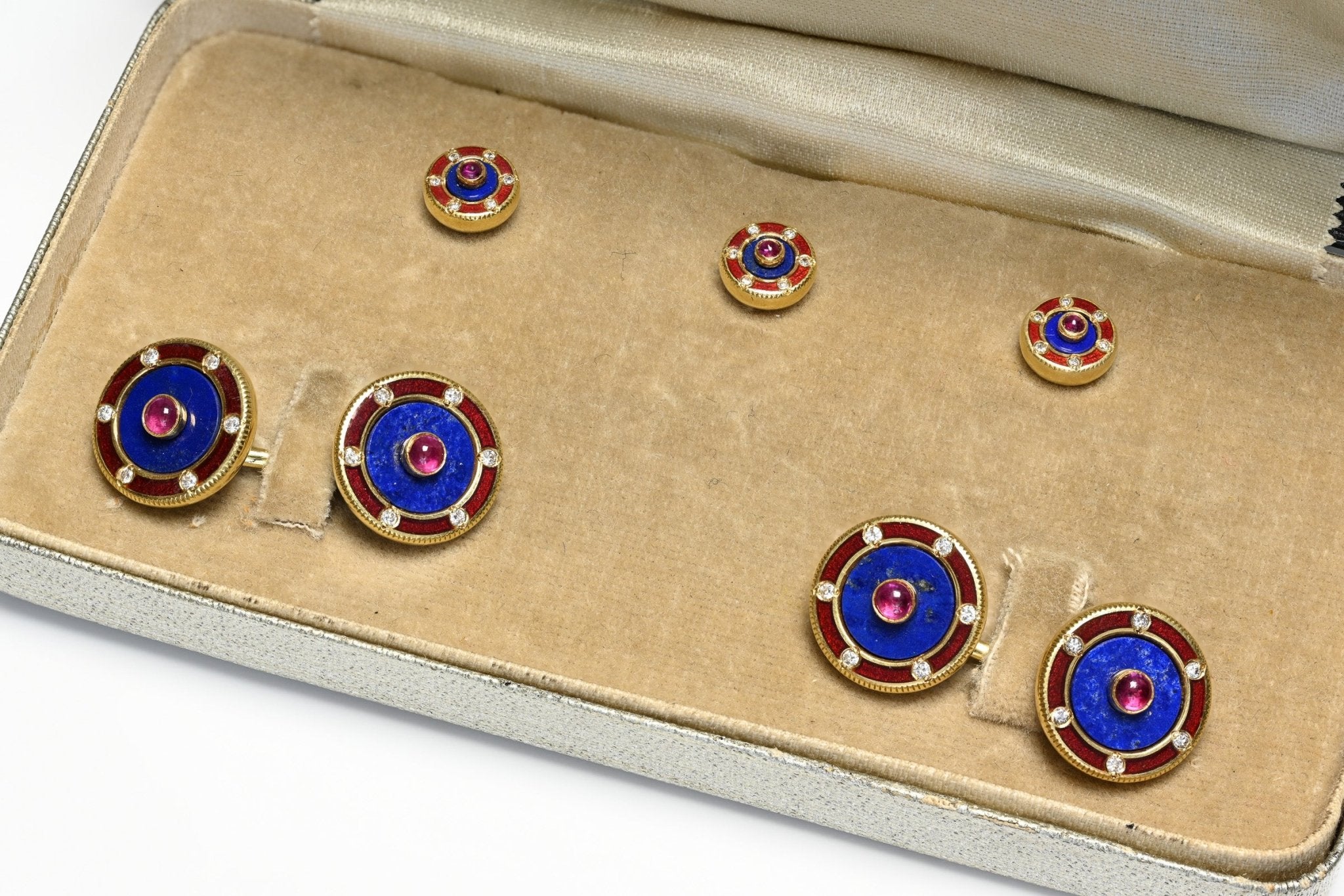 Deakin and Francis 18K Gold Lapis Enamel Diamond Ruby Cufflink Stud Set - DSF Antique Jewelry
