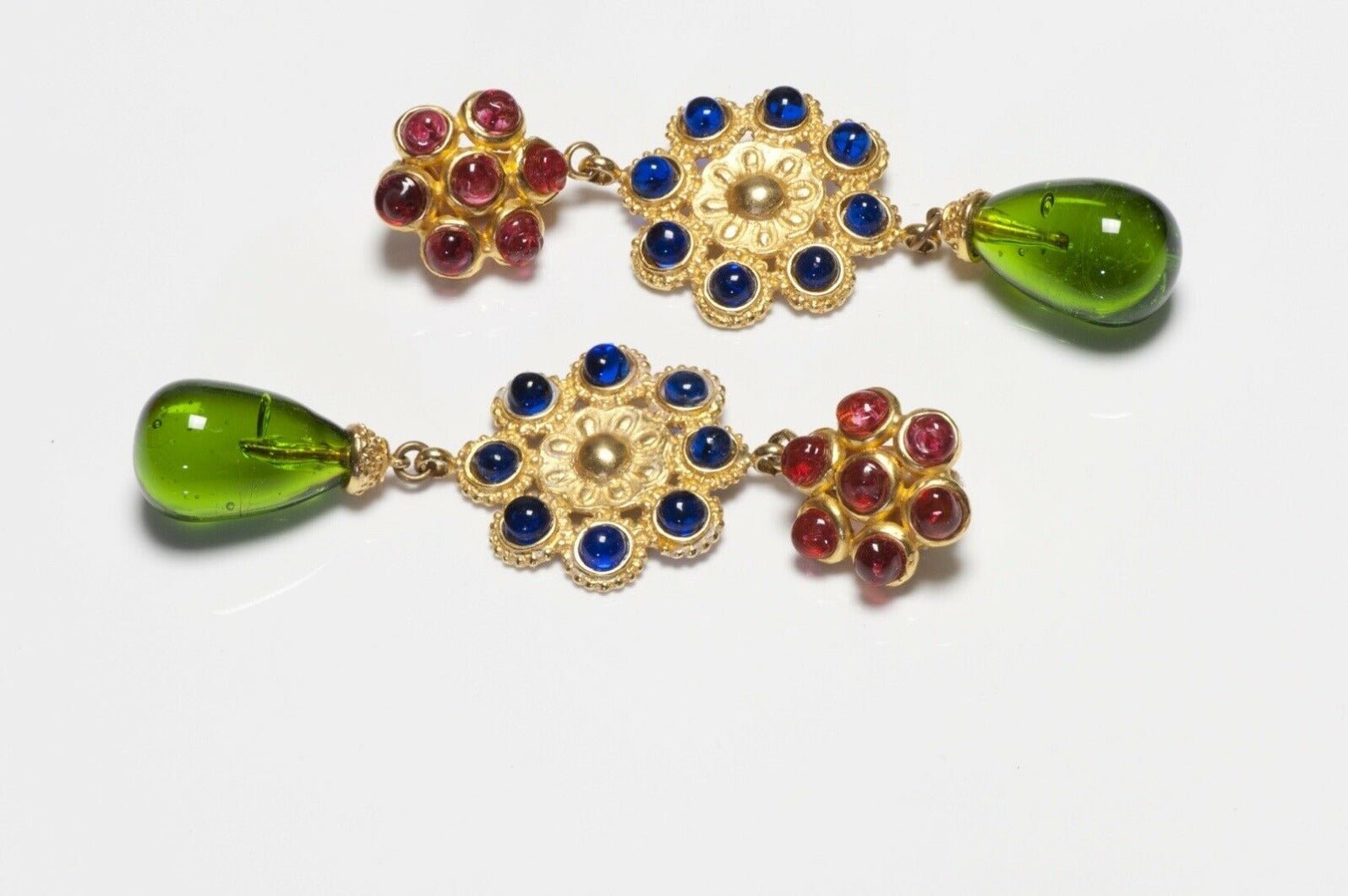 Deanna Hamro 1980’s Long Green Red Blue Poured Glass Earrings