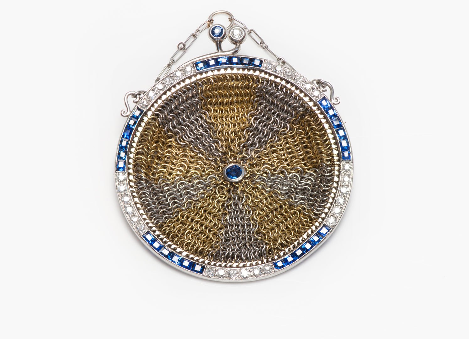 Delightful Antique Gold Platinum Sapphire Diamond Miniature Mesh Purse Brooch - DSF Antique Jewelry