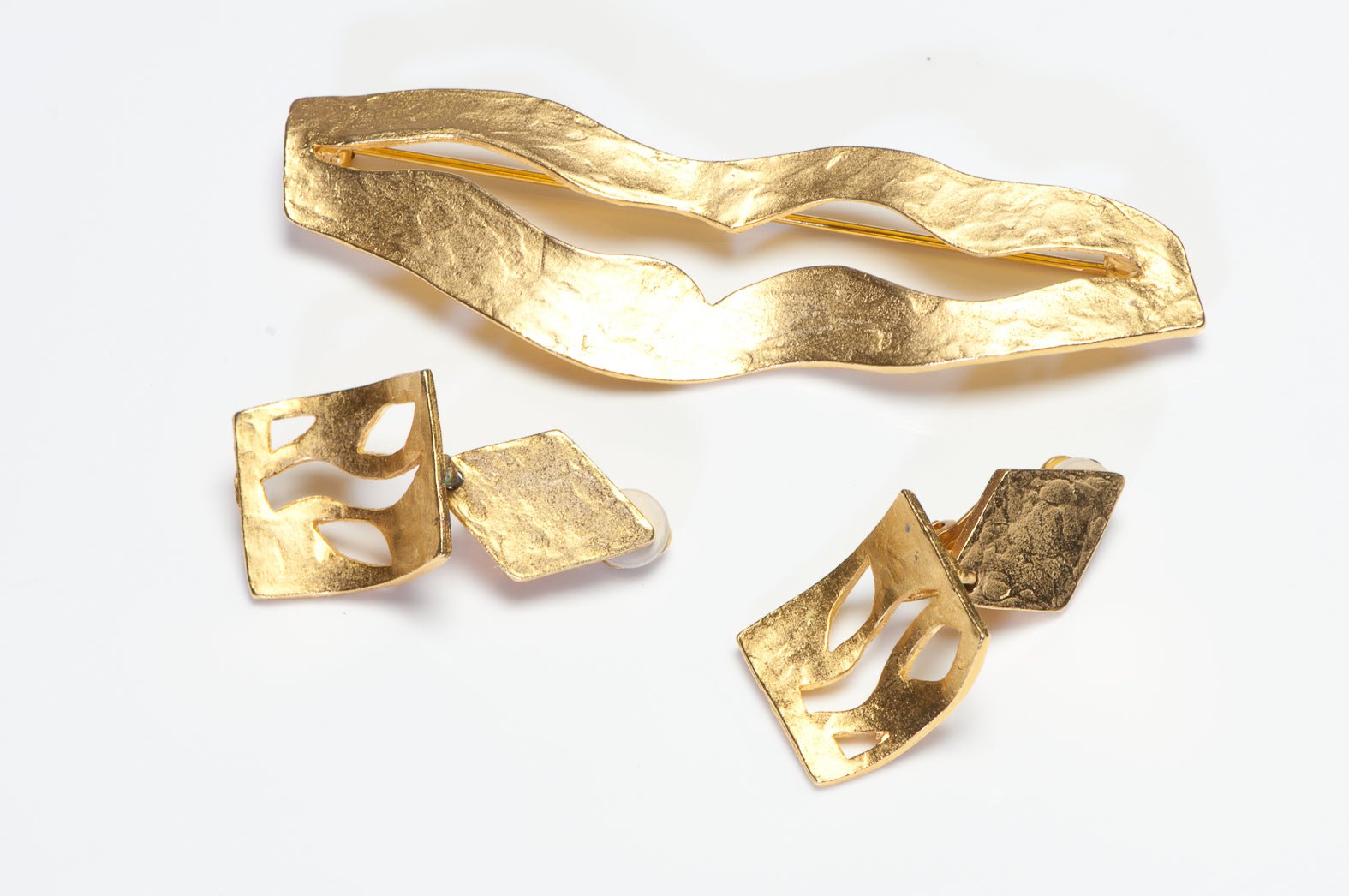Delphine Nardin Paris Gold Plated Modernist Earrings Brooch Set - DSF Antique Jewelry