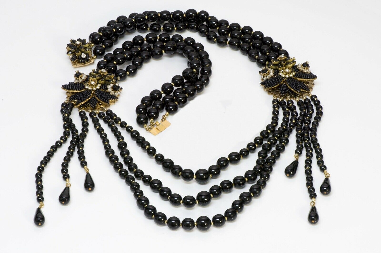 DeMario 1950’s 3 Strand Black Glass Beads Flower Tassel Necklace
