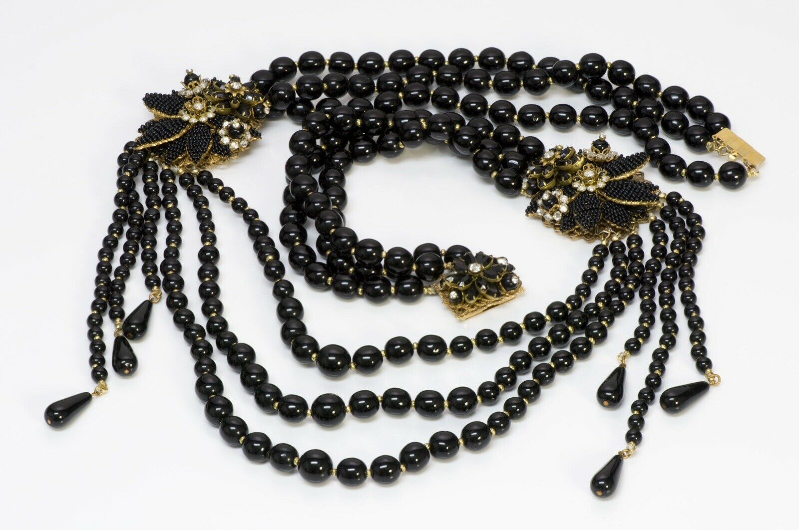 DeMario 1950’s 3 Strand Black Glass Beads Flower Tassel Necklace - DSF Antique Jewelry