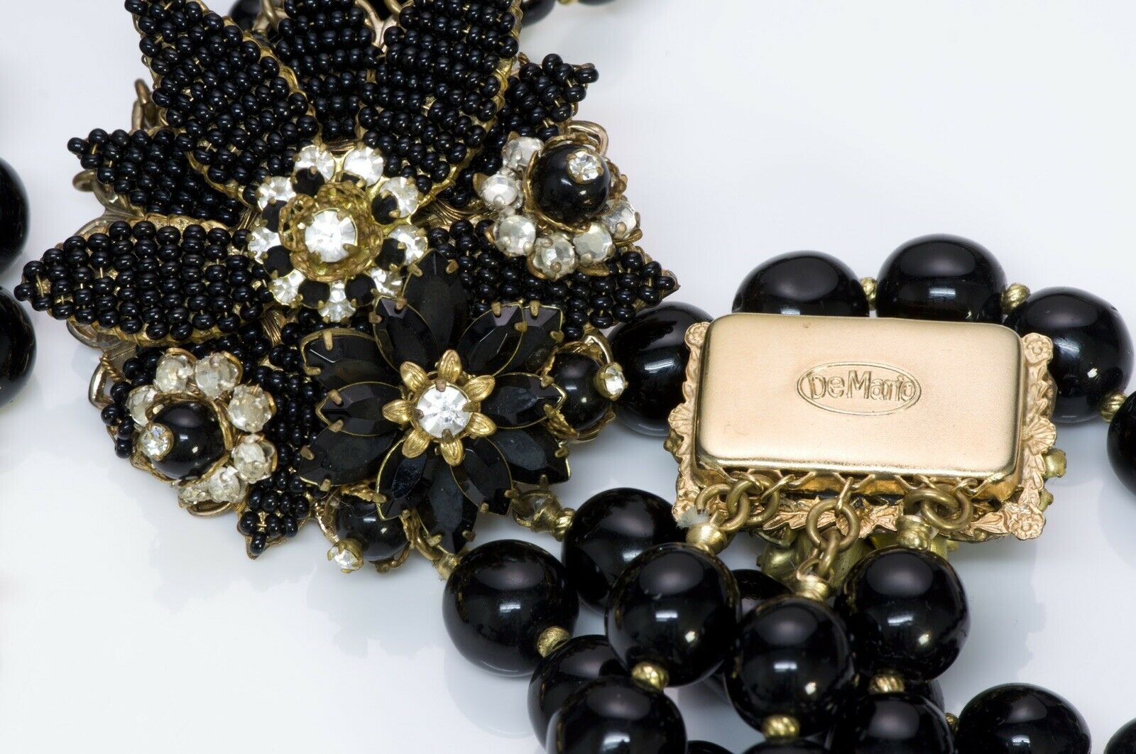 DeMario 1950’s 3 Strand Black Glass Beads Flower Tassel Necklace - DSF Antique Jewelry