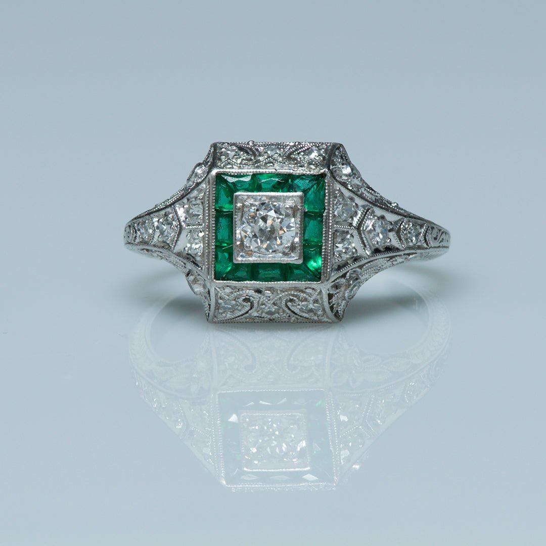 Diamond Emerald Engagement Ring - DSF Antique Jewelry