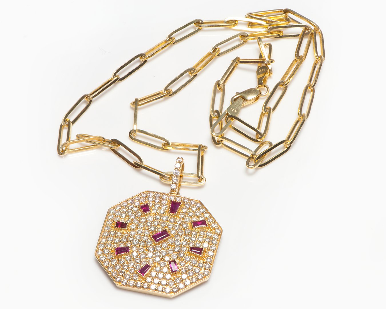 Diamond Ruby Yellow Gold Chain Octagon Shape Pendant