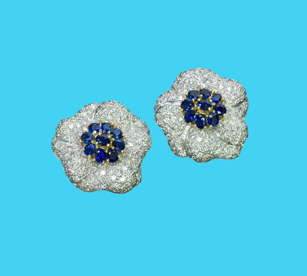 Diamond Sapphire Gold Flower Earrings - DSF Antique Jewelry