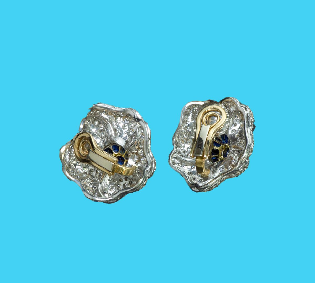 Diamond Sapphire Gold Flower Earrings - DSF Antique Jewelry