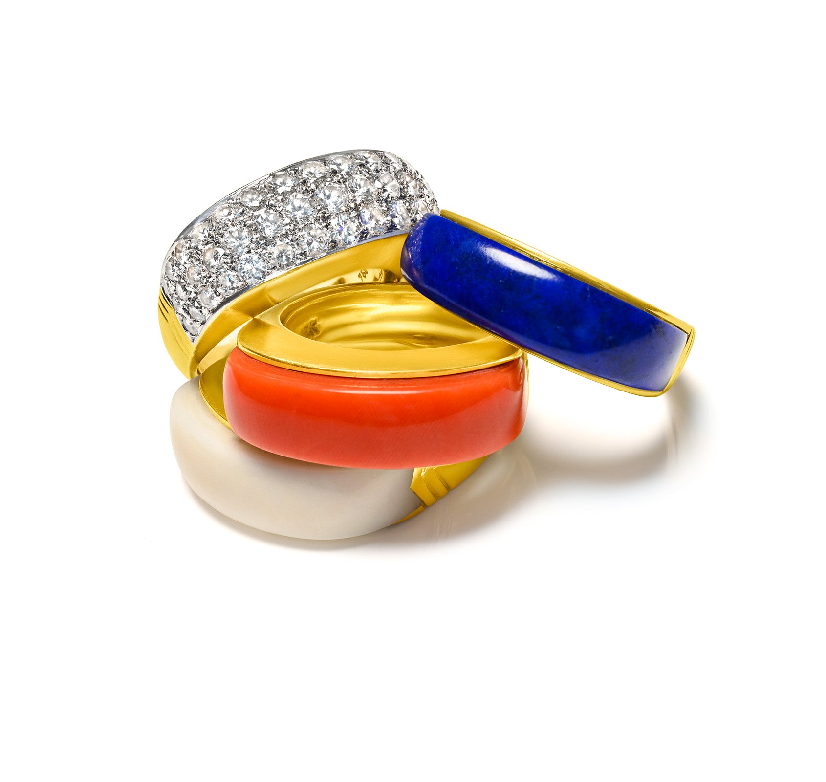 Stack Rings Diamond Coral Lapis 18K Gold 