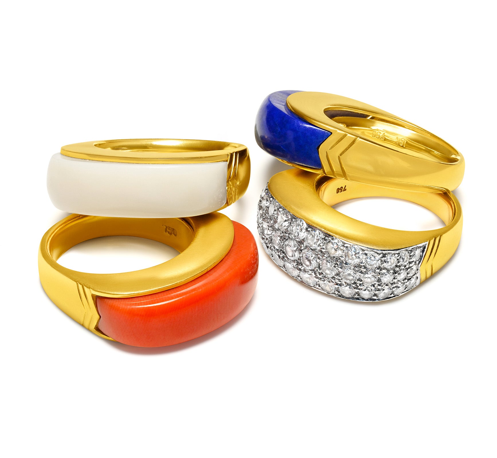 18K Gold Stack Rings 2.50 CTW Diamond Coral and Lapis Vintage