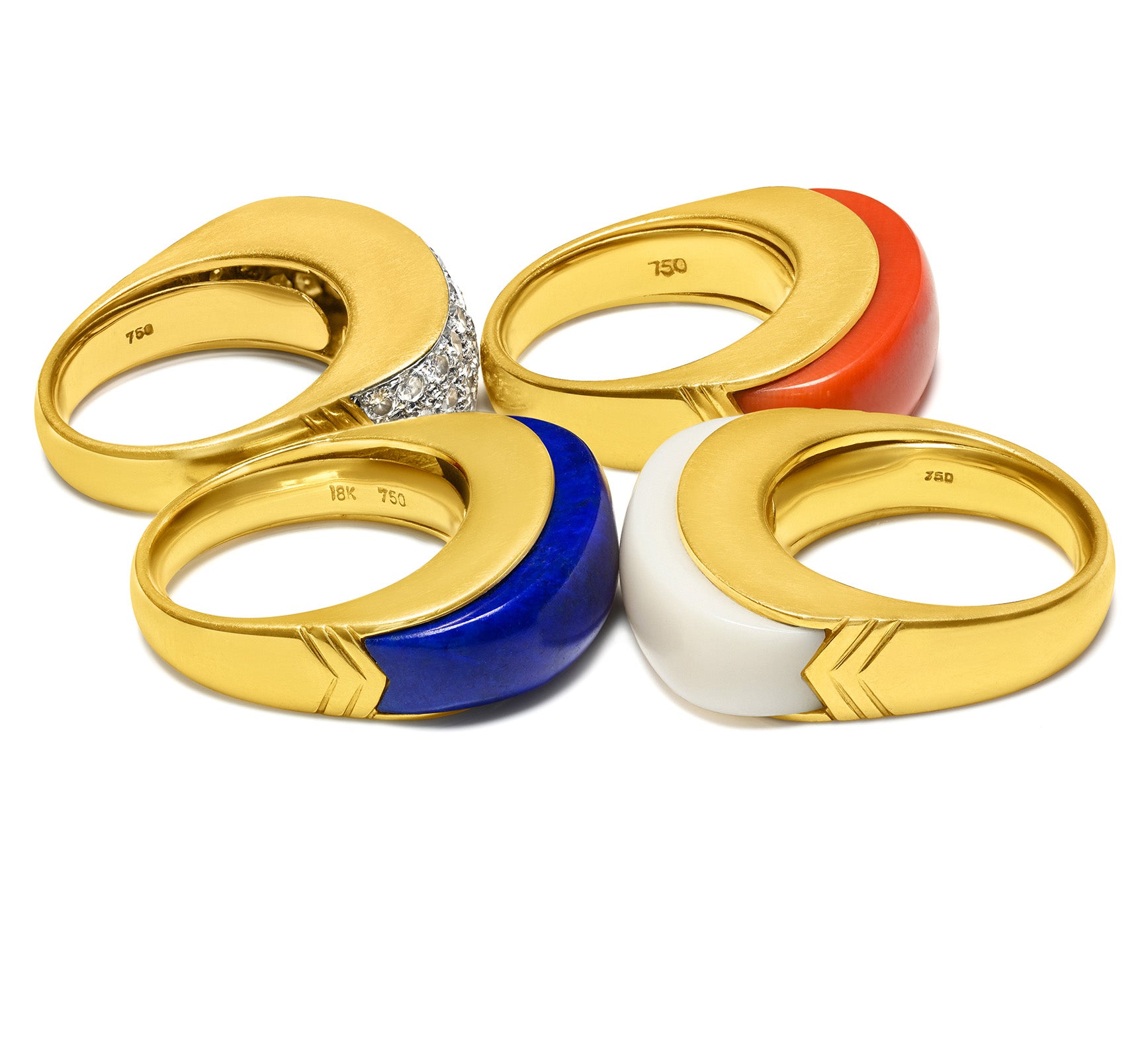 Set of Four 18K Gold Stack Rings – Pave Diamond Coral and Lapis