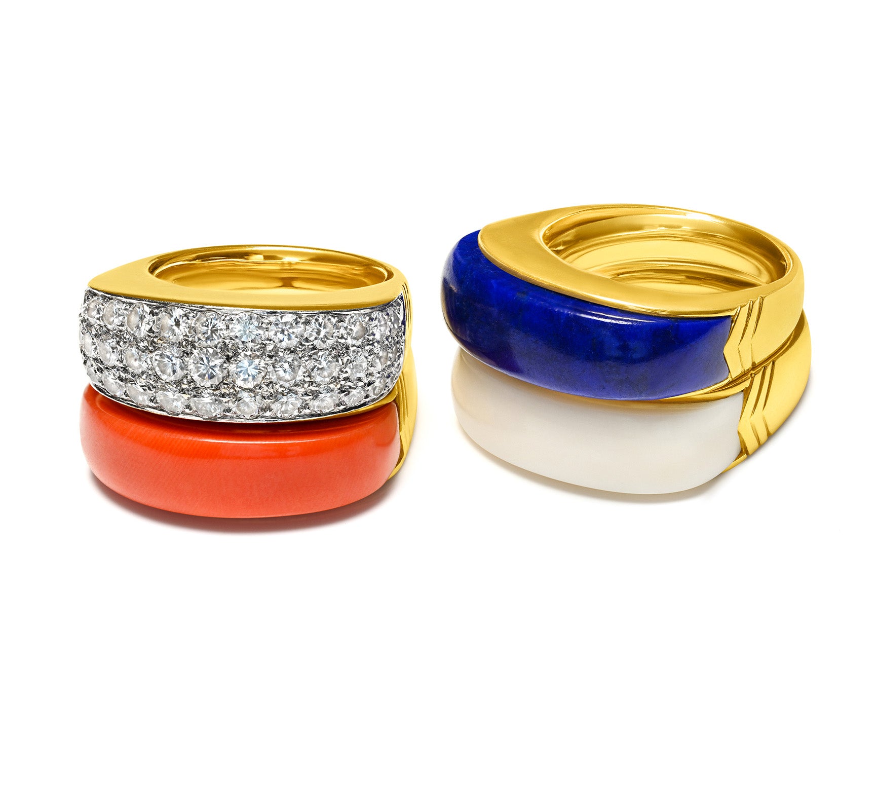 Set of Four 18K Gold Stack Rings – Pave Diamond Coral and Lapis