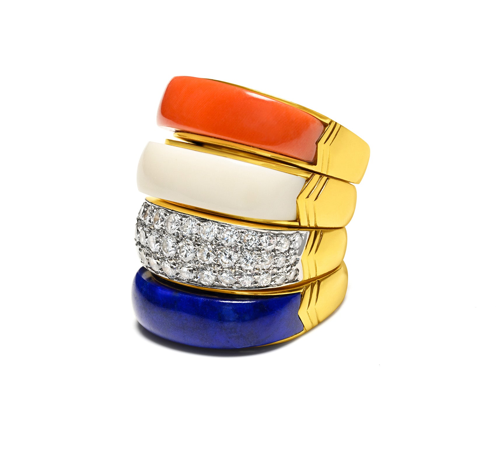 18K Gold Stack Rings 2.50 CTW Diamond Lapis Coral 