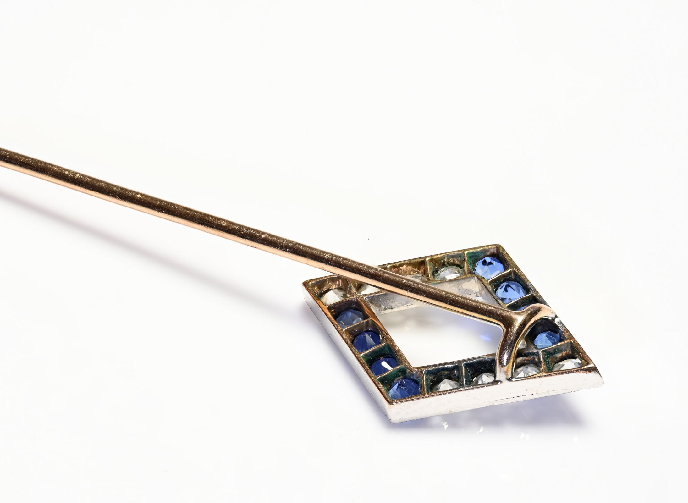 Edwardian Gold Mine Cut Diamond Sapphire Stick Pin 