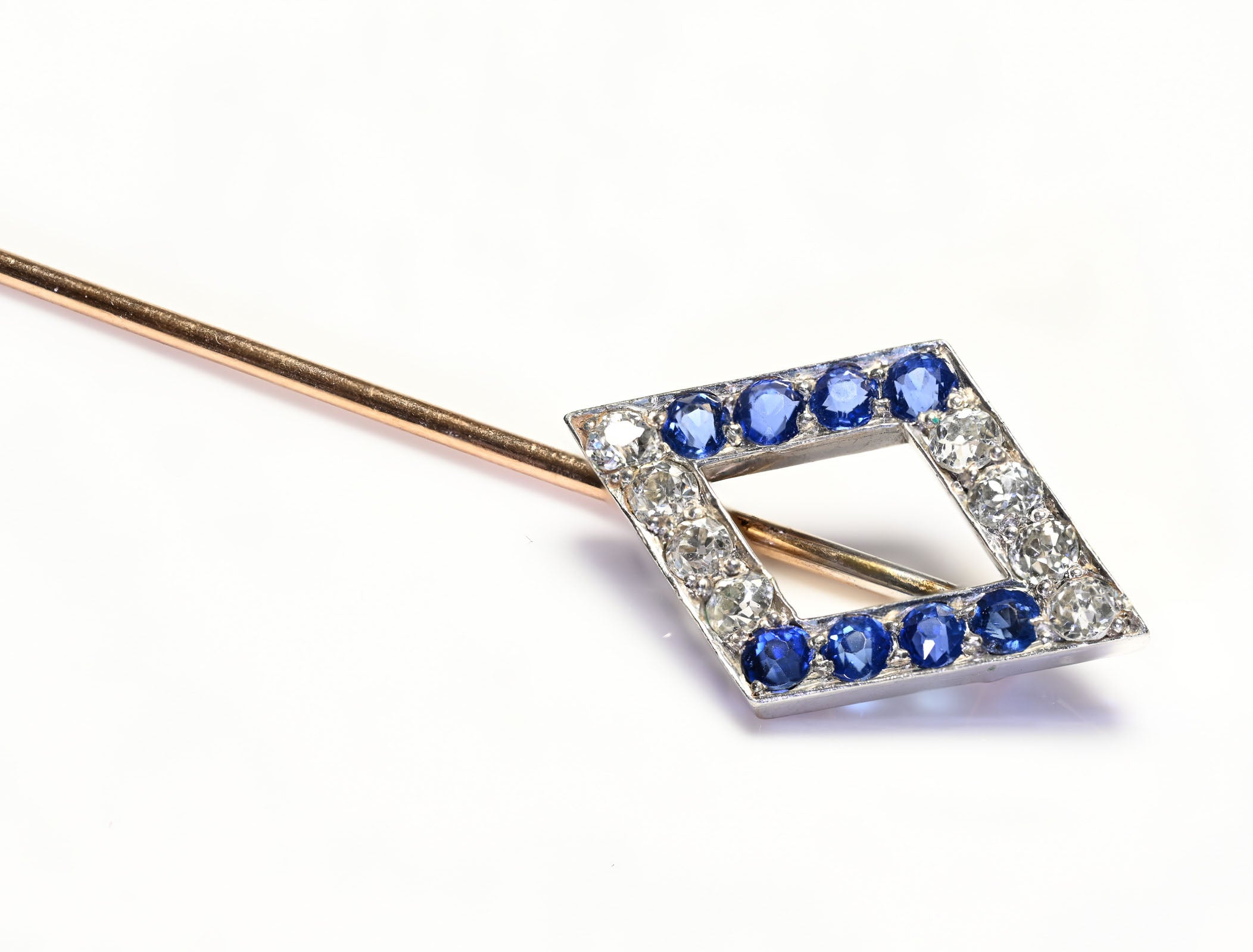 Edwardian Gold Mine Cut Diamond Sapphire Stick Pin 