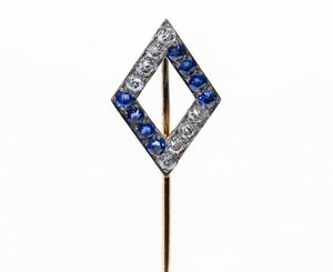 Edwardian Gold Mine Cut Diamond Sapphire Stick Pin