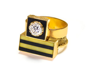 18K Gold Diamond Wood and Stone Architectural Vintage Ring