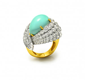 Sculptural Turquoise and Diamond Cocktail Ring in 18K Gold and Platinum 10 CTW