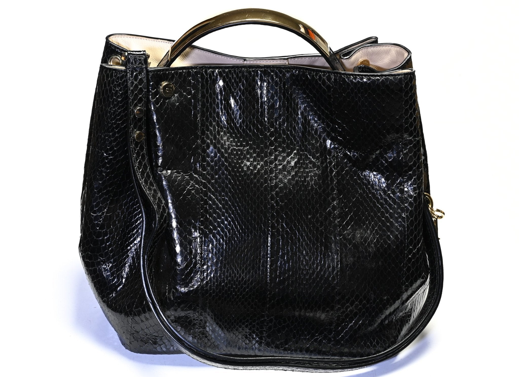 Dior Paris Black Snakeskin Diorific Sequin Embroidered Patch Bucket Shoulder Bag