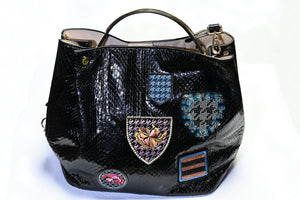 Dior Paris Black Snakeskin Diorific Sequin Embroidered Patch Bucket Shoulder Bag