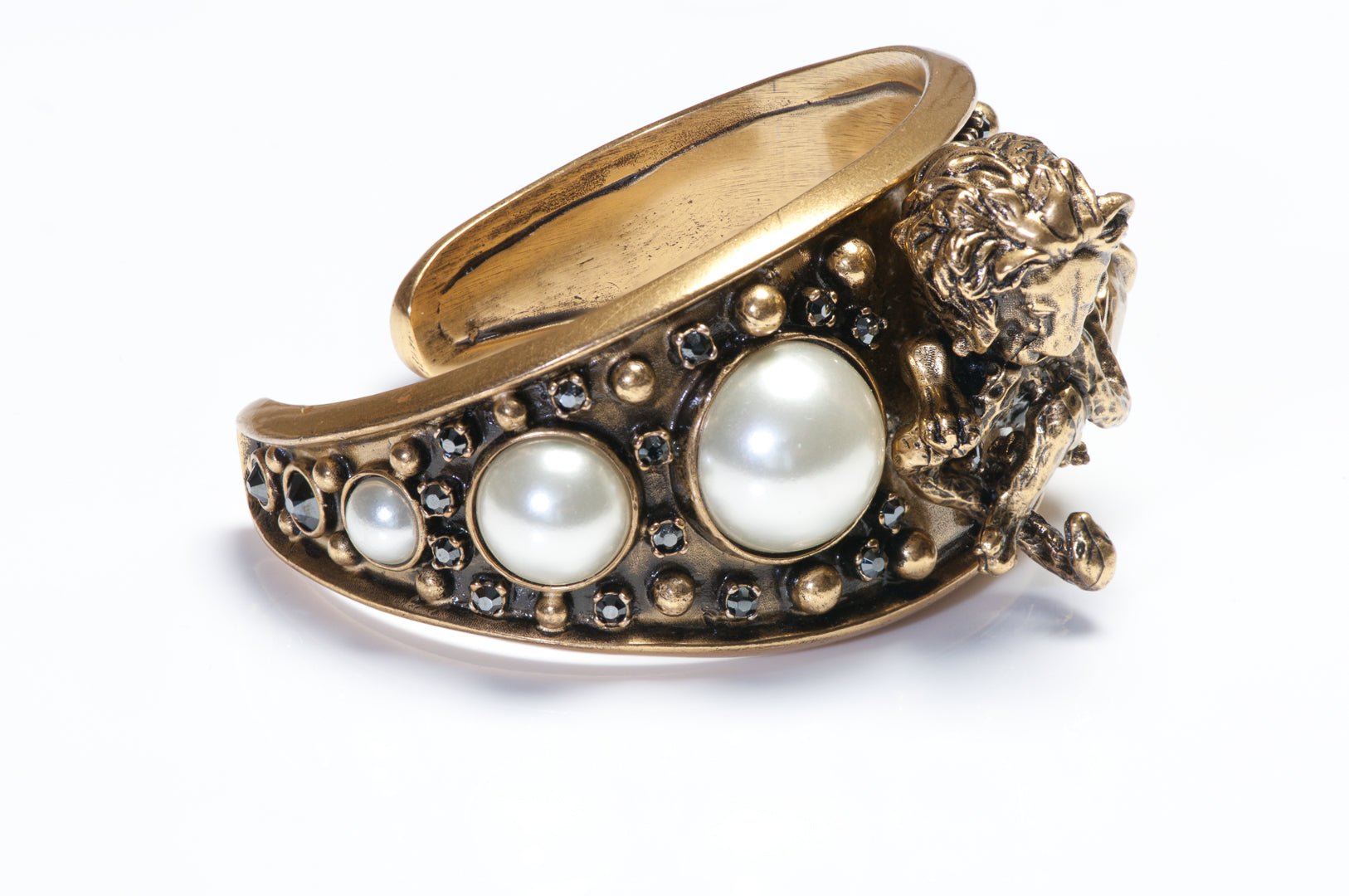 Dior Paris Wide Pearl Crystal Lion Snake Cuff Bracelet