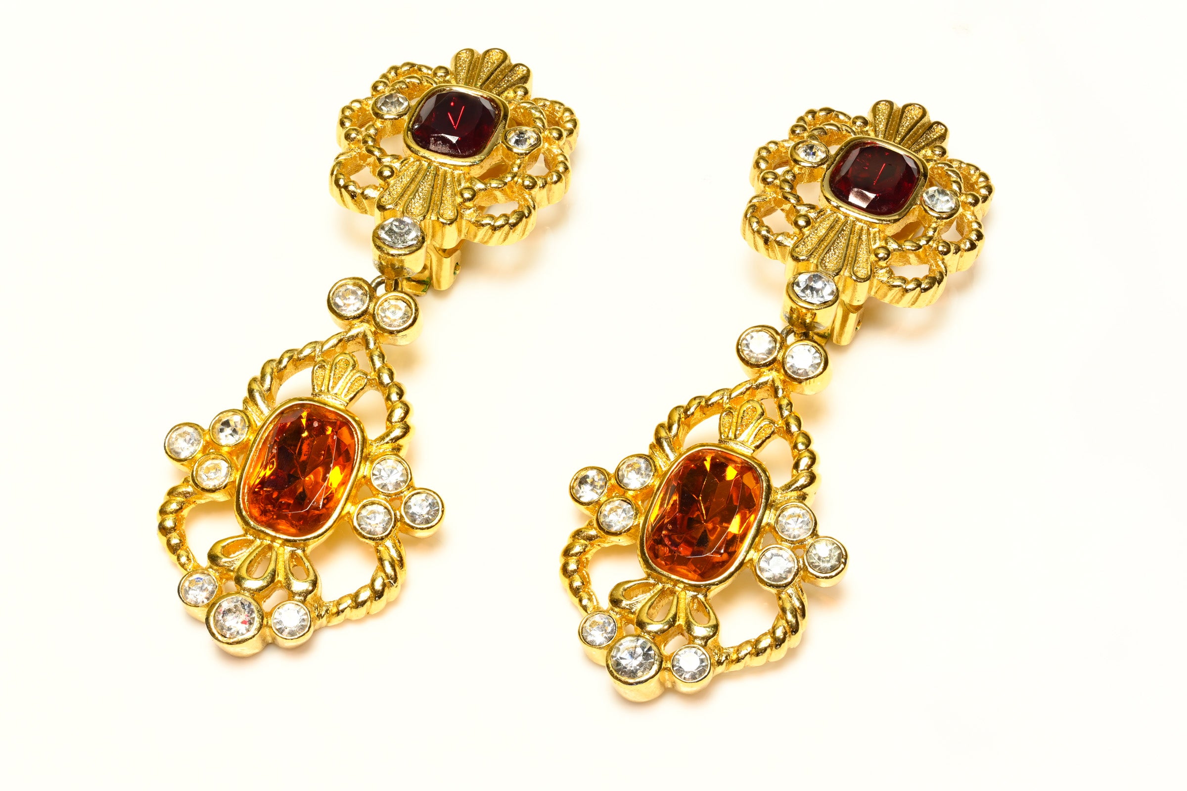 Vintage Christian Dior by Gianfranco Ferre Red Brown Crystal Earrings 1