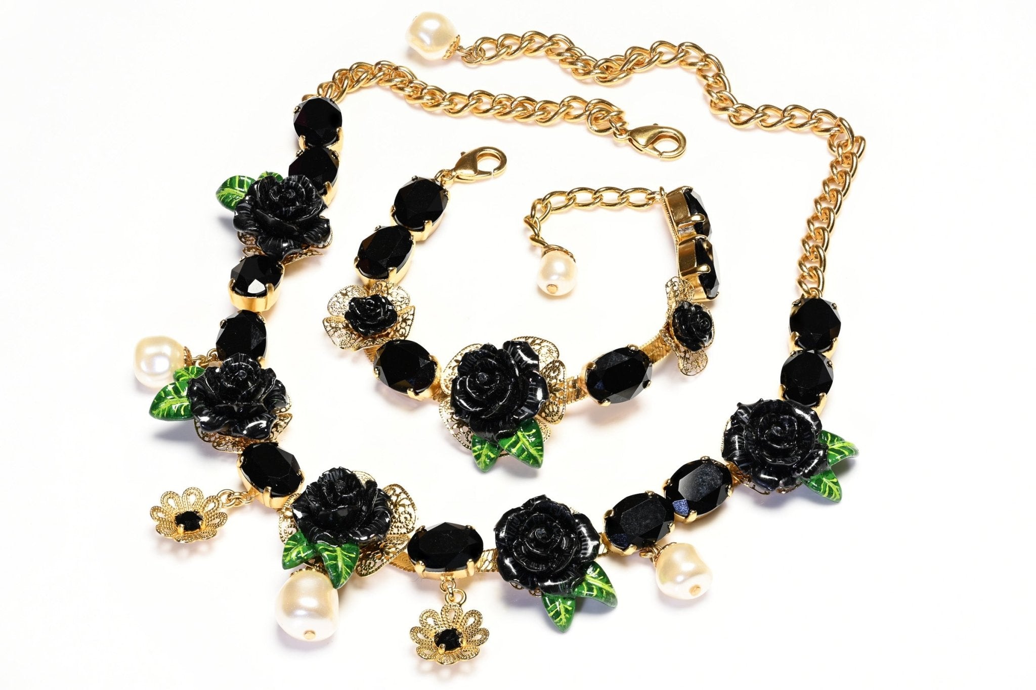 Dolce & Gabbana Black Green Resin Rose Pearl Crystal Flower Bracelet Necklace Set