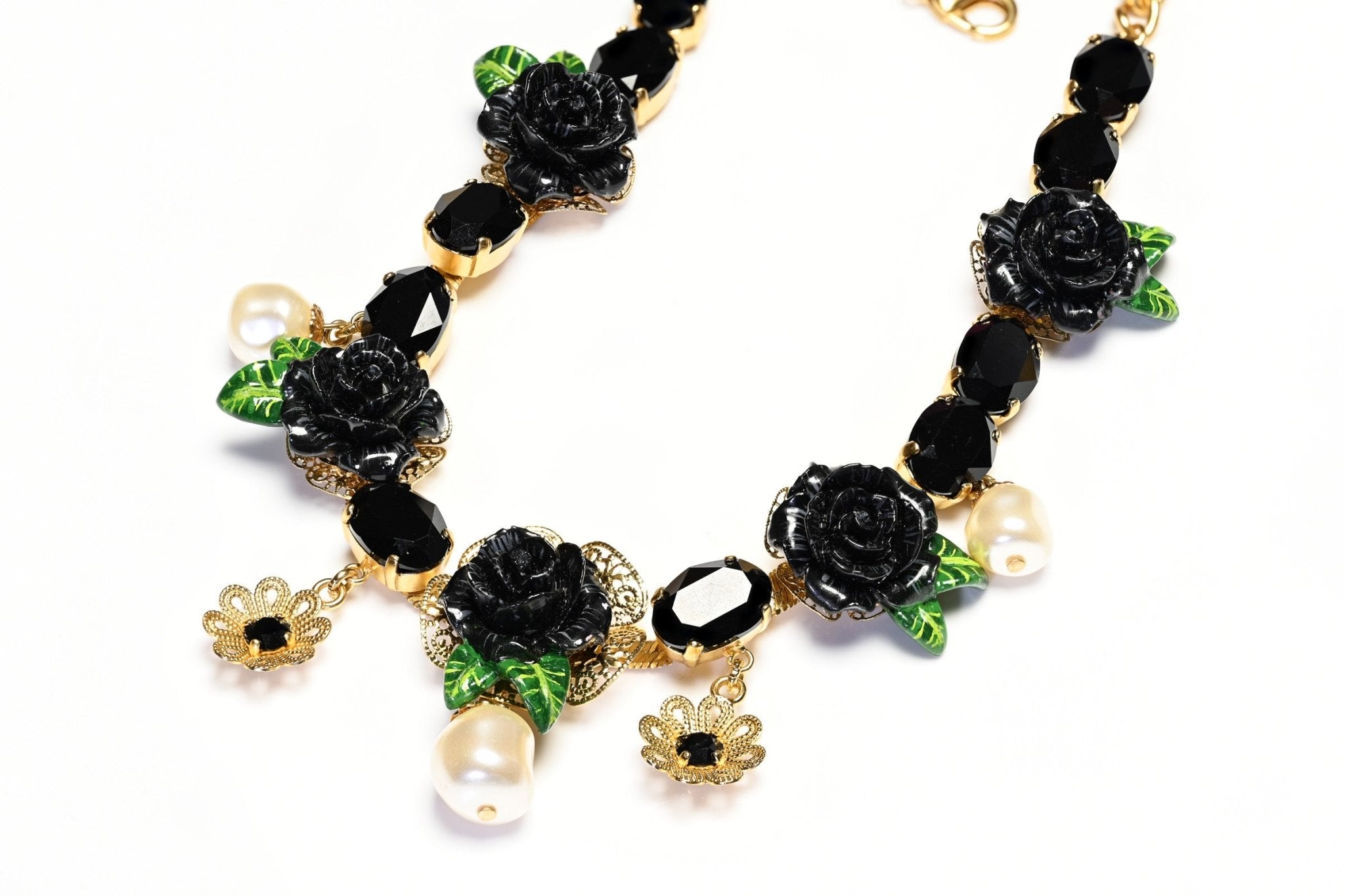 Dolce & Gabbana Black Green Resin Rose Pearl Crystal Flower Bracelet Necklace Set