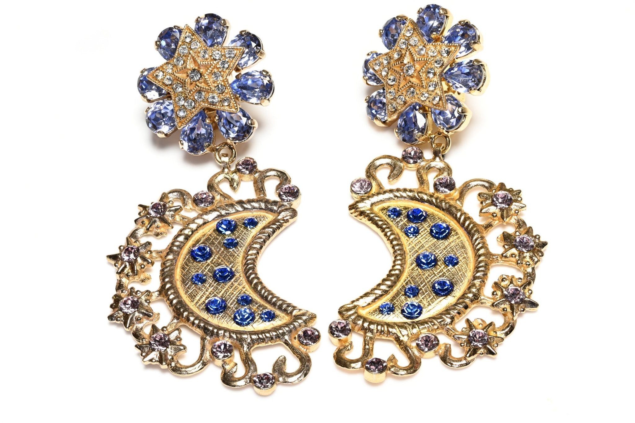 Dolce & Gabbana Blue Purple Crystal Moon Star Flower Drop Earrings