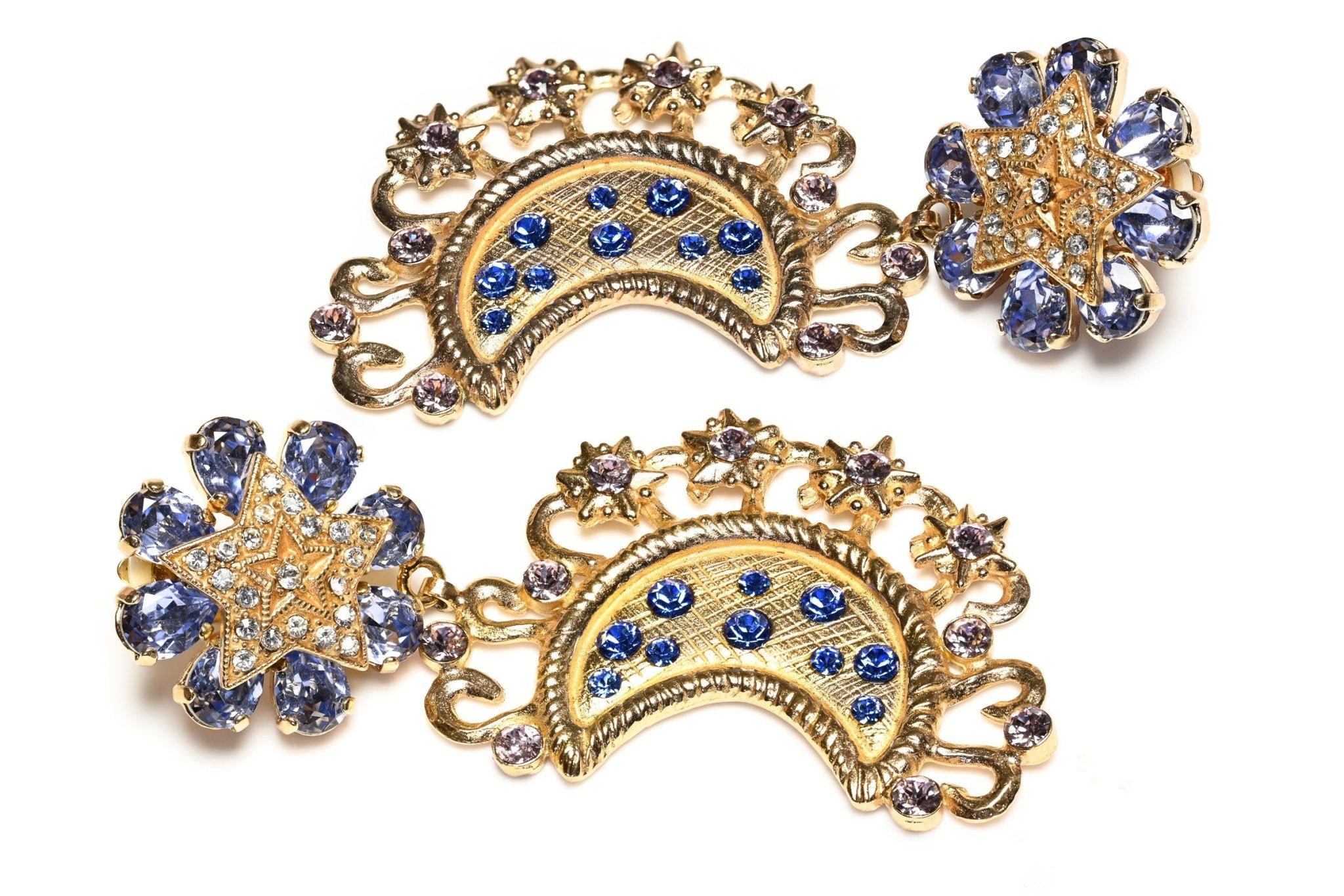 Dolce & Gabbana Blue Purple Crystal Moon Star Flower Drop Earrings