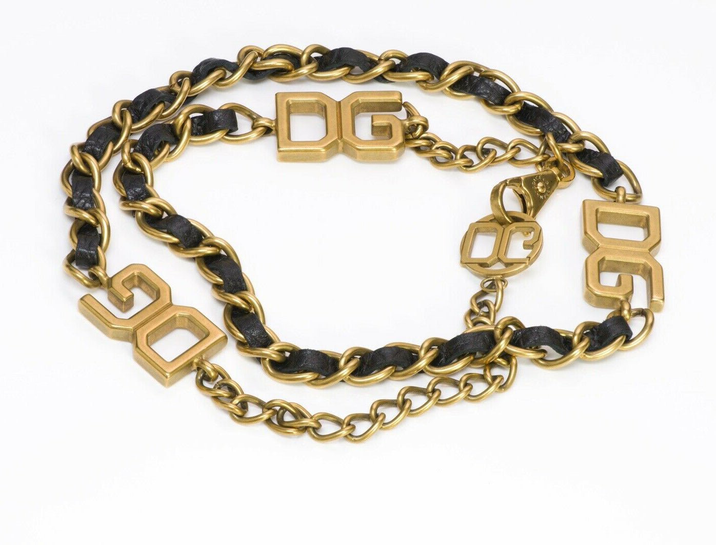 Dolce Gabbana D&G Black Leather Gold Tone Metal Chain Belt