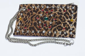 Dolce & Gabbana Leopard Satin Studded Crystal Chain Clutch Bag