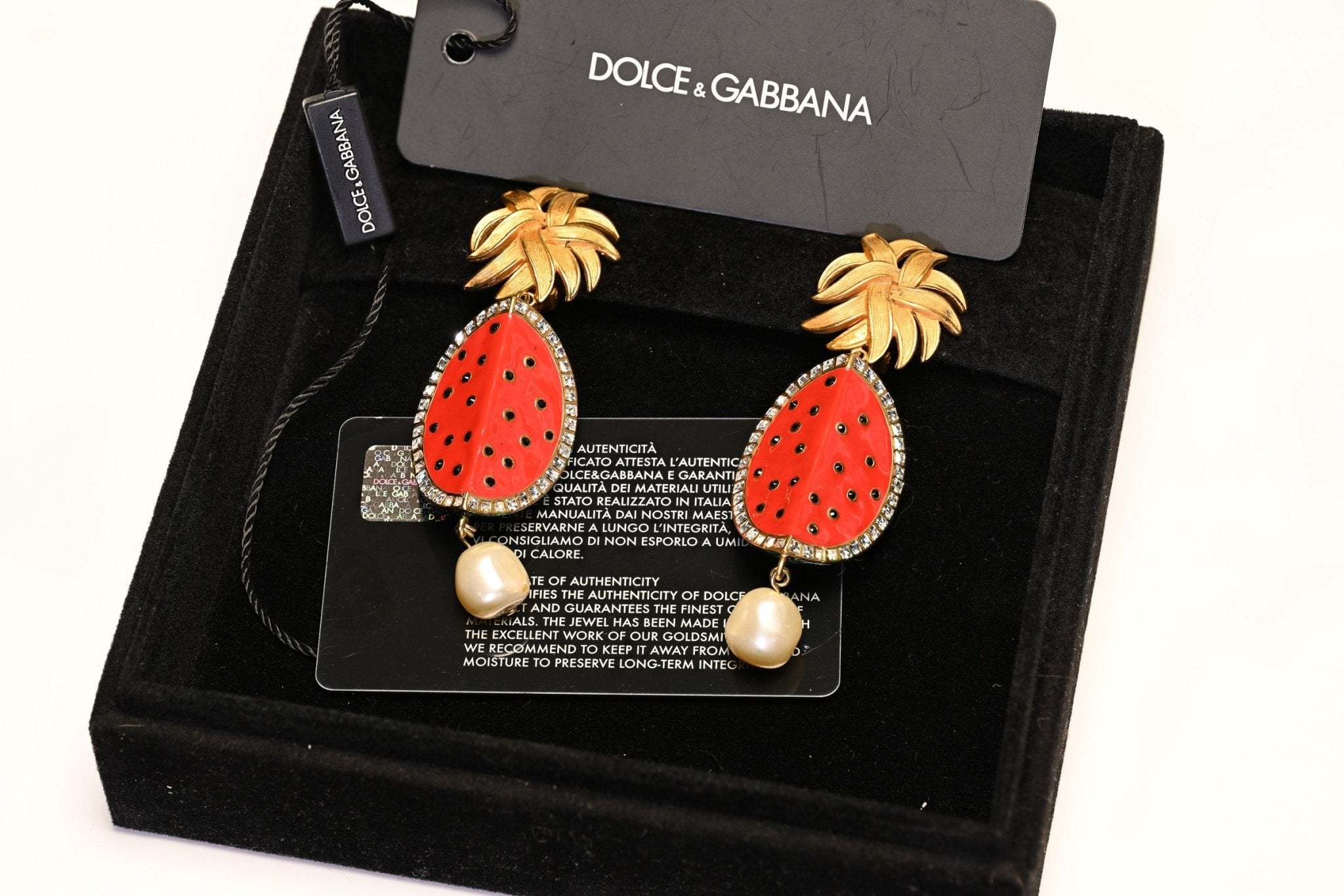 Dolce & Gabbana Long Red Green Enamel Pearl Crystal Watermelon Earrings