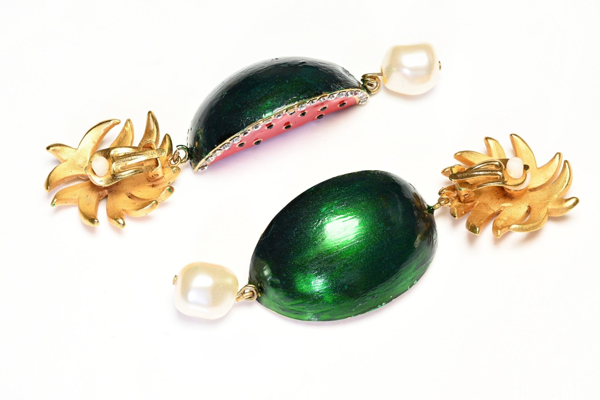 Dolce & Gabbana Long Red Green Enamel Pearl Crystal Watermelon Earrings