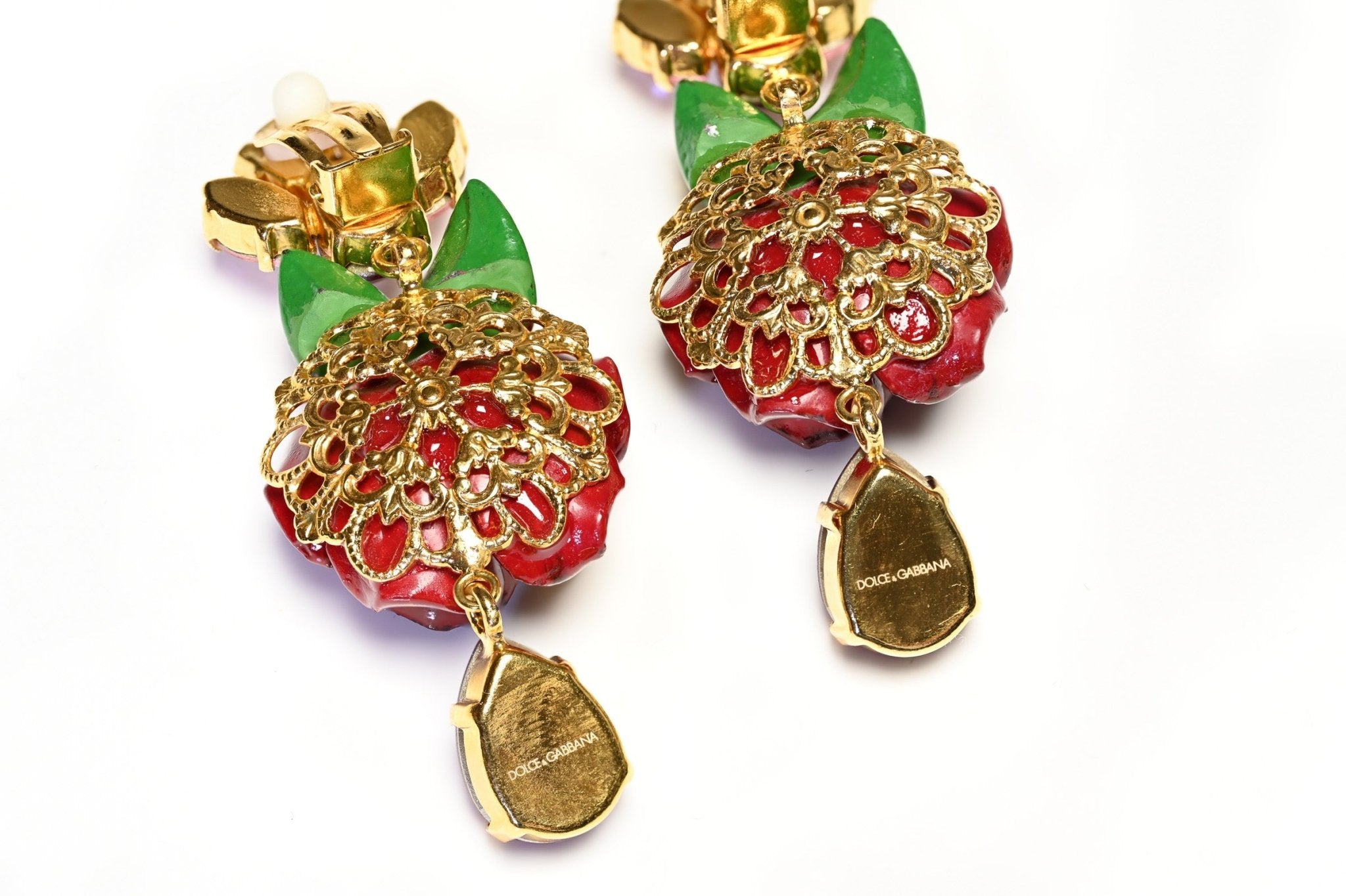 Dolce & Gabbana Red Green Resin Rose Flower Pink Crystal Earrings