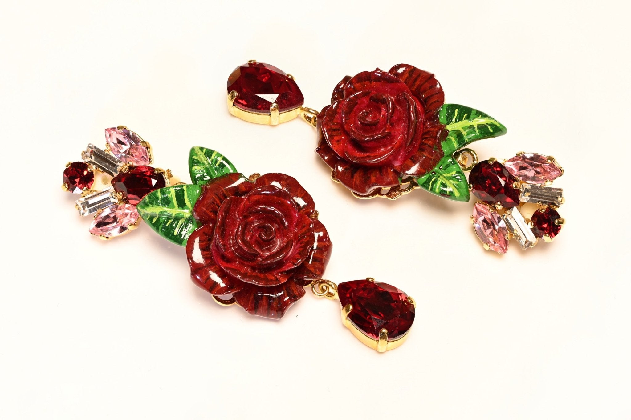 Dolce & Gabbana Red Green Resin Rose Flower Pink Crystal Earrings - DSF Antique Jewelry
