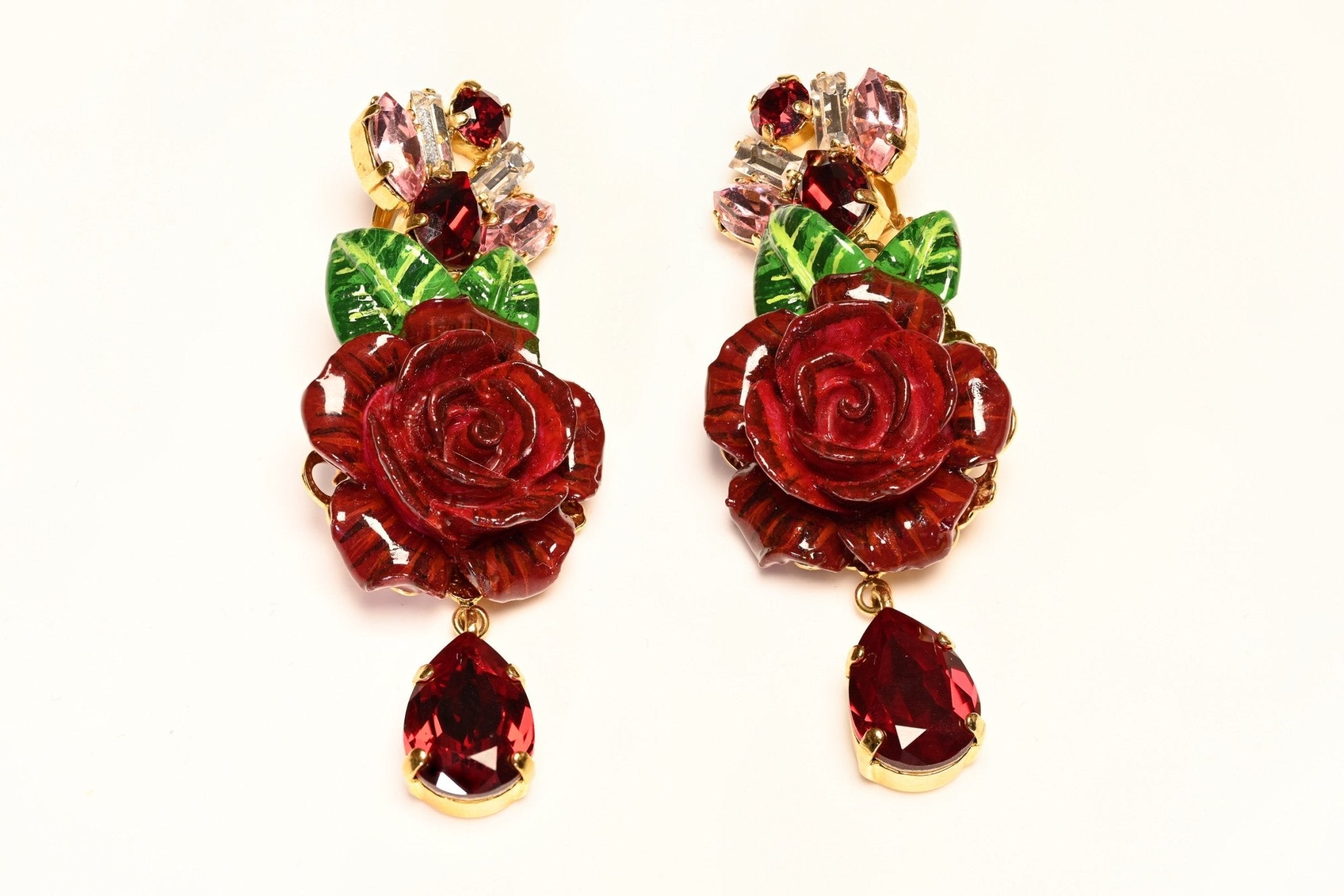 Dolce & Gabbana Red Green Resin Rose Flower Pink Crystal Earrings - DSF Antique Jewelry