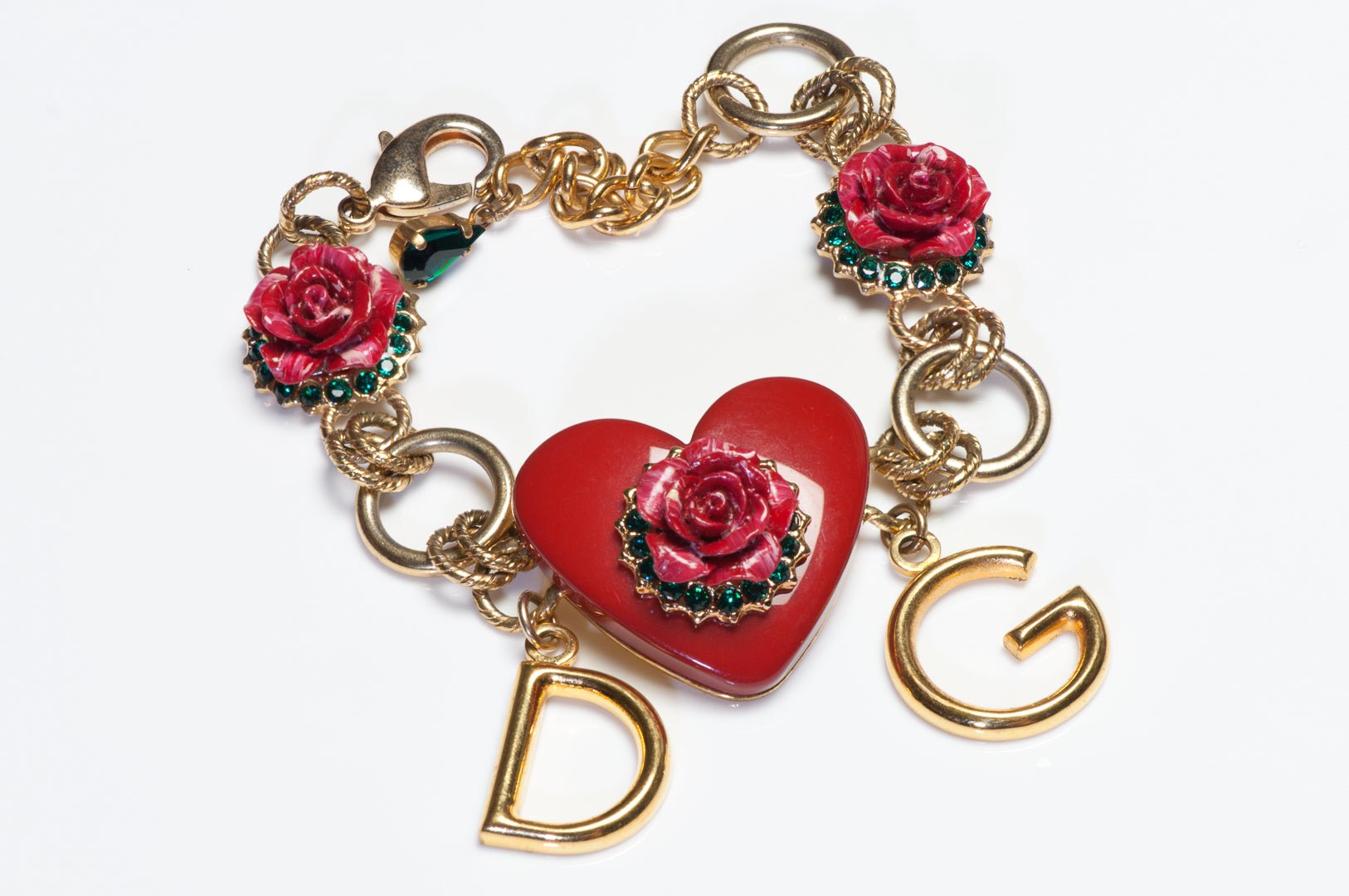 Dolce & Gabbana Red Heart Rose Green Crystal D&G Charm Letter Chain Bracelet