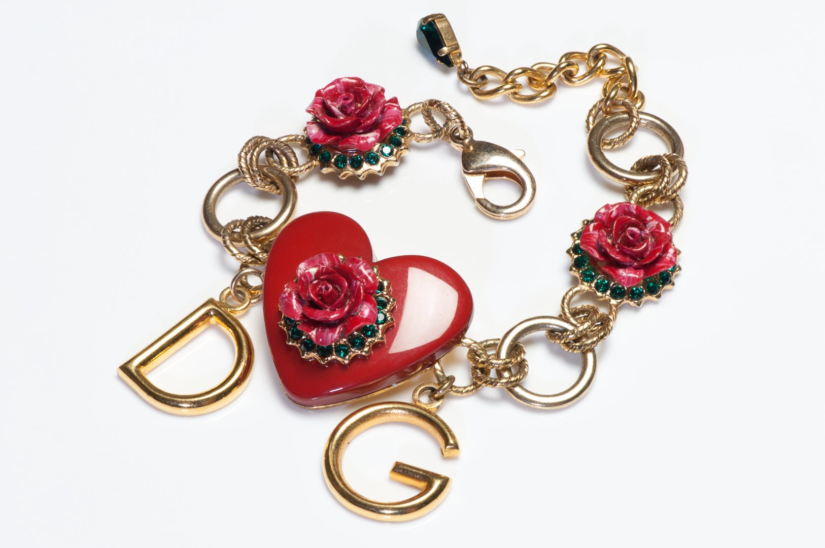 Dolce & Gabbana Red Heart Rose Green Crystal D&G Charm Letter Chain Bracelet